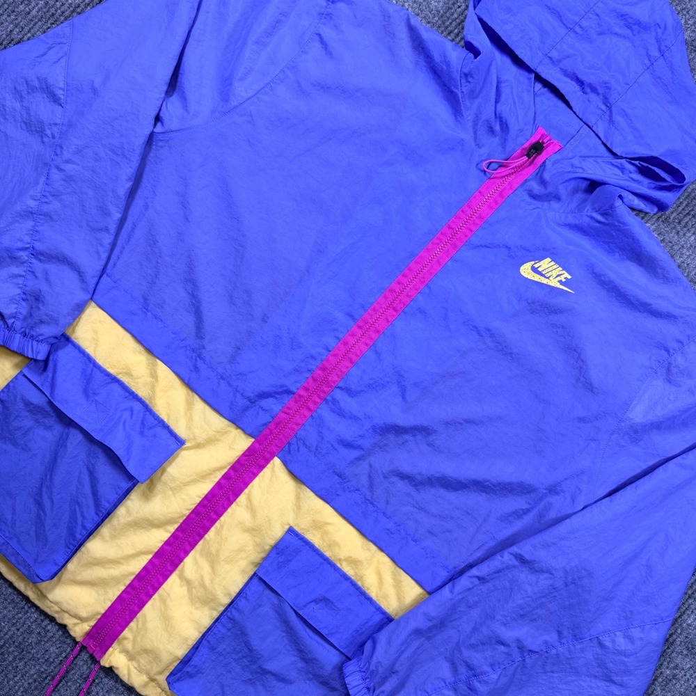 Nike Womens 3XL Windbreaker Jacket Colorblock Blue Yellow Pink Full Zip Hooded